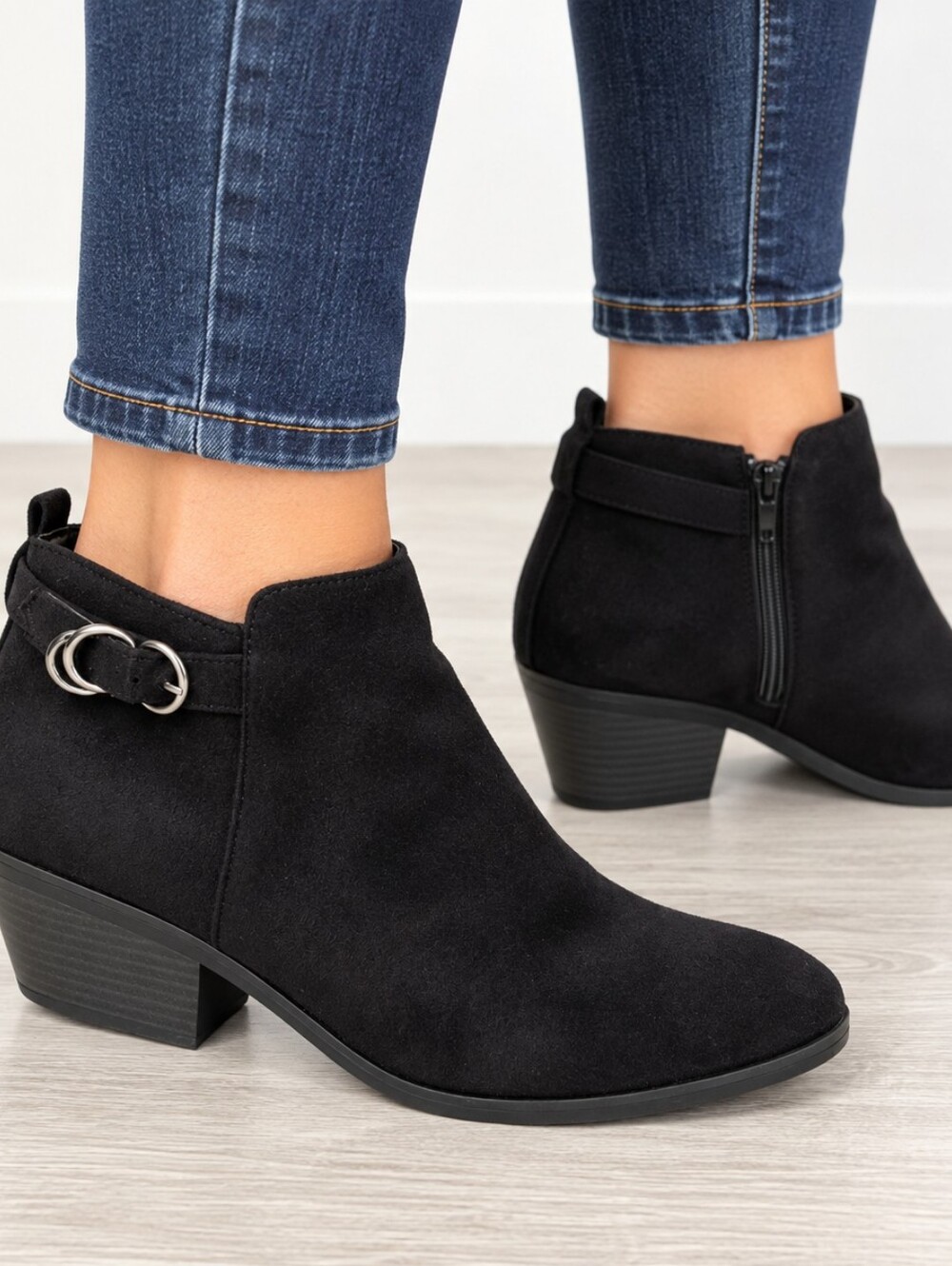 LifeStride Womens 11M Black Faux Suede Ankle Booties Buckle Block Heel Zip